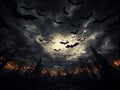 Scary gloomy dark sky with clouds and black Halloween bats
