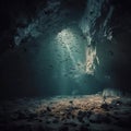 Scary gloomy karst cave deep underground with many flying bats,