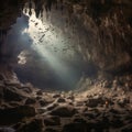 Scary gloomy karst cave deep underground with many flying bats,