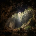 Scary gloomy karst cave deep underground with many flying bats,