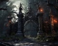 Scary Gothic gates in the style of fantasy are high quality.