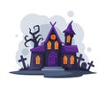 Scary Gothic House, Halloween Haunted Mansion Cartoon Style Vector Illustration on White Background