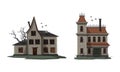 Scary gothic mansions set. Abandoned creepy houses cartoon vector illustration