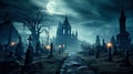 Scary graveyard with Gothic tombs on Halloween night, spooky cemetery in full moon Royalty Free Stock Photo