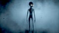 Scary gray alien walks and looks blinking on a dark smoky background. UFO futuristic concept. 3D rendering