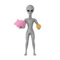 Scary Gray Humanoid Alien Cartoon Character Person Mascot with Piggy Bank and Golden Dollar Coin. 3d Rendering