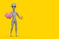 Scary Gray Humanoid Alien Cartoon Character Person Mascot with Piggy Bank and Golden Dollar Coin. 3d Rendering