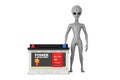 Scary Gray Humanoid Alien Cartoon Character Person Mascot and Rechargeable Car Battery 12V Accumulator with Abstract Label. 3d