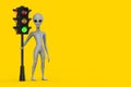 Scary Gray Humanoid Alien Cartoon Character Person Mascot with Traffic Green Light. 3d Rendering