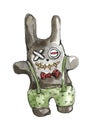 A scary gray plush bunny with a button and a patch for eyes