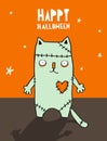 Funny Halloween Vector Illustration with Dead Cat. Hapy Halloween Card.