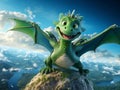 A scary green oriental dragon with wings is sitting on the planet