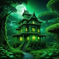 a scary green tale house in the middle of the jungle at night