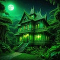 a scary green tale house in the middle of the jungle at night