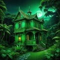 a scary green tale house in the middle of the jungle at night