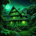 a scary green tale house in the middle of the jungle at night