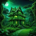 a scary green tale house in the middle of the jungle at night