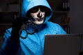 The scary hacker hacking security firewall late in office Royalty Free Stock Photo