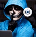 Scary hacker hacking security firewall late in office Royalty Free Stock Photo