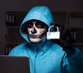 Scary hacker hacking security firewall late in office