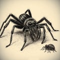 a scary hairy black spider and a small spider nearby, black and white drawing Royalty Free Stock Photo