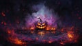 Scary Halloween Atmosphere: Purple Pumpkin in Angry and Mysterious Background.