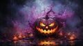 Scary Halloween Atmosphere: Purple Pumpkin in Angry and Mysterious Background.