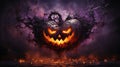Scary Halloween Atmosphere: Purple Pumpkin in Angry and Mysterious Background.