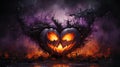 Scary Halloween Atmosphere: Purple Pumpkin in Angry and Mysterious Background.