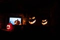 scary Halloween background with Jack'o'lanterns and skeleton