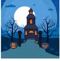 Scary Halloween background with mistery old house, trees, moonlight and pumpkins with horor faces stock vector illustration Royalty Free Stock Photo