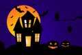 Halloween Scene. Illustration Of A Haunted House With Pumpkins, Owl, Bats And Spider