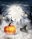Scary Halloween background with pumpkin and moon. Royalty Free Stock Photo