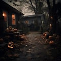 Scary Halloween background with pumpkins in front of a haunted house Royalty Free Stock Photo