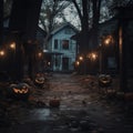 Scary halloween background with pumpkins and houses at night Royalty Free Stock Photo