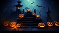 Scary halloween background with pumpkins and witch\'s house.