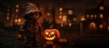 Scary Halloween background with scarecrow, pumpkins and haunted house Royalty Free Stock Photo