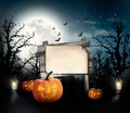 Scary Halloween background with a wooden sign. Royalty Free Stock Photo