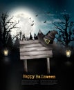 Scary Halloween background with a wooden sign. Royalty Free Stock Photo