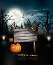 Scary Halloween background with a wooden sign. Royalty Free Stock Photo