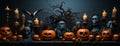 Scary Halloween banner, pumpkin carvings vintage lanterns and sculls Royalty Free Stock Photo