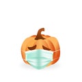 Scary Halloween Coronavirus COVID-19 pumpkin Wearing Protective Face Mask on white background . Halloween concept Royalty Free Stock Photo