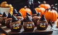 Scary Halloween cupcakes with witches face and hat on wooden table. Homemade halloween holiday treats for kids. Blurred pumpkins