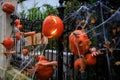 Scary Halloween decorations on the fence. Poland Royalty Free Stock Photo