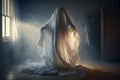 A scary halloween ghost spirit in a haunted house. Generative ai