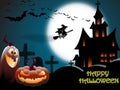 Scary Halloween landscape with a haunted house, a graveyard, a witch and flying bats in full moon Royalty Free Stock Photo