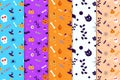 Scary Halloween pattern bundle with witchcraft elements and dead skulls. Halloween endless pattern set with purple and orange