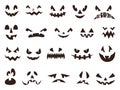 Scary halloween pumpkin faces silhouette, evil ghost eyes. Funny or spooky pumpkins mouths, autumn holiday lantern face