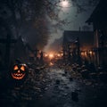 Scary halloween pumpkin head jack o lantern in foggy cemetery at night Royalty Free Stock Photo