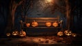 Scary halloween pumpkin, A spooky forest sunset with a haunted evil glowing eyes of Jack O' Lanterns on a wooden bench